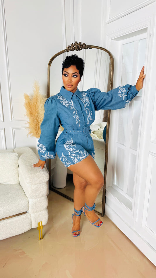 Jasmin Embroidery Denim Romper